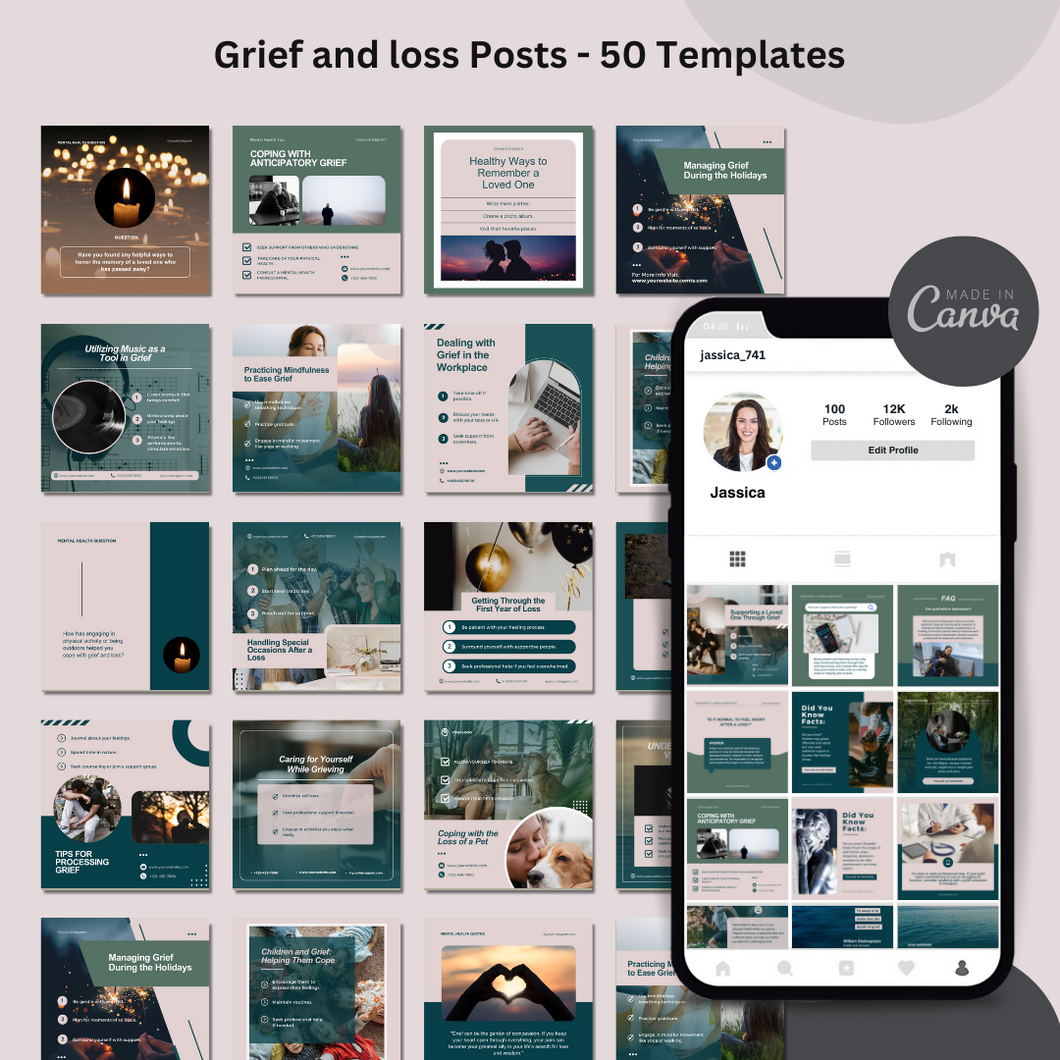 50 Editable Media Templates - Grief and loss Posts